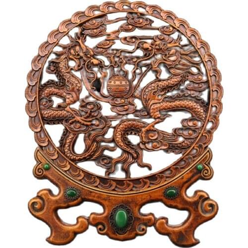Antique wood art, old boxwood carving, screen decoration, double dragon playing beads inlaid with Jade Solid Wood living room, h