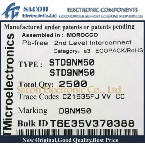Free Shipping 10Pcs STD9NM50 D9NM50 STD9NM50N D9NM50N TO-252 9A 500V N-channel MOSFET Transistor