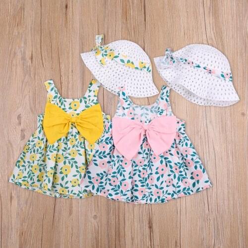 2pcs Bohemian Girls Dress Sets Baby Sleeveless Floral Print A-line Dress with Big Bow+Hat Two Pieces Clothes Suit Summer Holiday