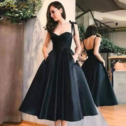 Black Prom Party Evening Dress Pocket Straps Sereia Lapel Neck Sweetheart Gown Little Corset Dress Sexy A line Satin Playa Gown