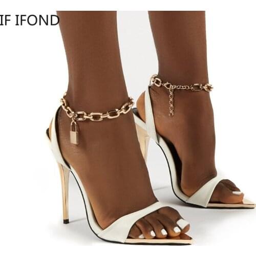 IF IFOND Women Pointed Toe Heels Sandals Fashion Solid Color Chain Open Toe Outdoor Womens Shoes Plus Size 42 Dress Party Shoes