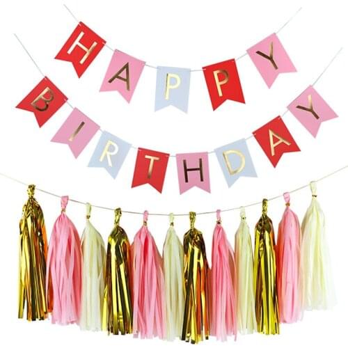 HAOCHU Tissue Paper Tassel Garland Gold Letters Happy Birthday Bunting Banner for Birthday Party Event Decor Pink/Gold/White