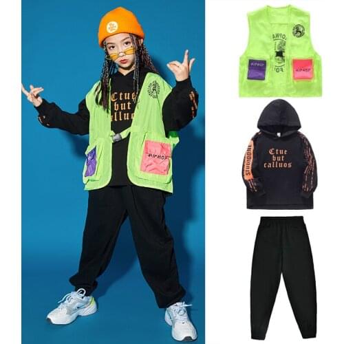 Childrens Hip Hip Dance Clothes Green Vest Black Hoodie Tops Casual Pants For Girls Hip Hop Suit Boys Jazz Dance Costume BL5698