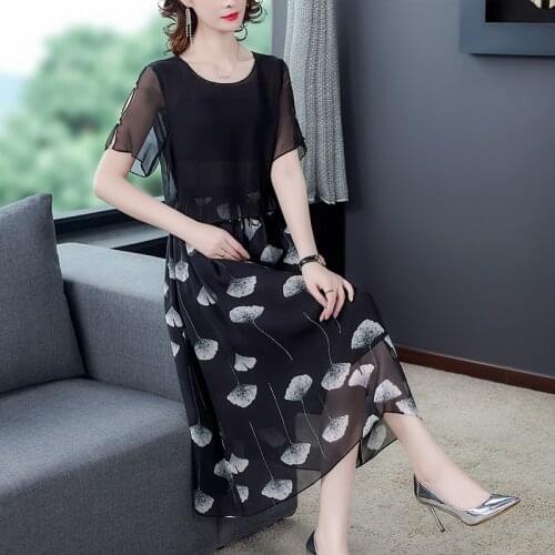 Summer Elegant Black Print Chiffon Beach Dress 2021 Casual 3XL Plus Size Midi Sundress Women Short Sleeve Bodycon Party Vestidos
