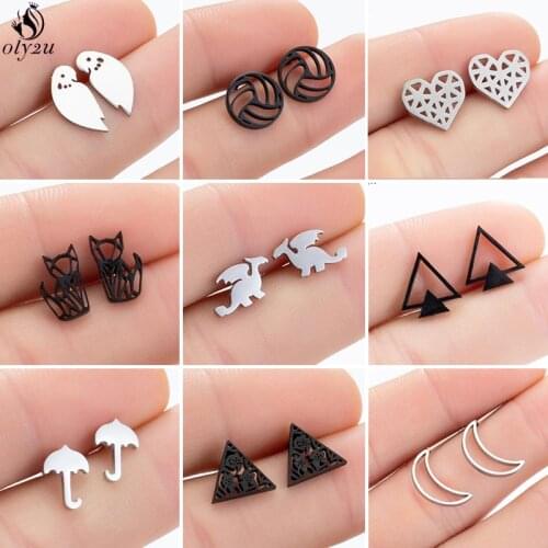 Mini Stainless Steel Geometric Earrings for Women Kids Minimalist Jewelry Cute Bird Heart Ghost Umbrella Fox Earring Stud brinco