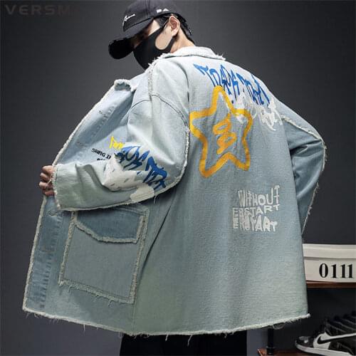 VERSMA Harajuku Vintage Print Men Jeans Biker Jacket High Street Hip Hop Streetwear Loose Long Mens Denim Motorcycle Jacket Coat