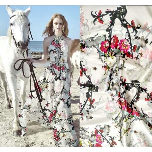 Super High snowflake/Plum Digital printed flowers silk fabric 19mm Heavy Stretchy Natural Silk satin fabric dress Woven tissu