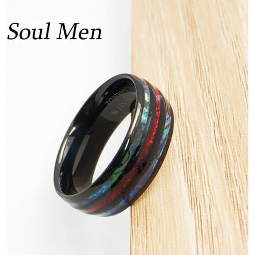 8mm Red Meteorite and Abalone Shell Tungsten Carbide Rings Black Wedding Bands for Men Comfort Fit Size 7 to 12