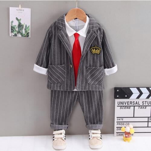 Autumn Children Cotton Formal Clothes Baby Boys Shirts Strips Wedding Coat Pants 3Pcs/sets Out Kids Toddler Clothing Party Cloth