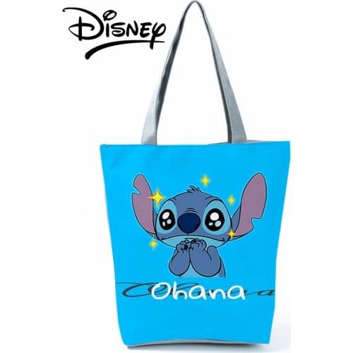 Disney Lilo Stitch Cartoon Printed Handbag Casual High Capacity Eco Reusable Shoppaing Bag Blue Girl Women Travel Beach Tote Bag