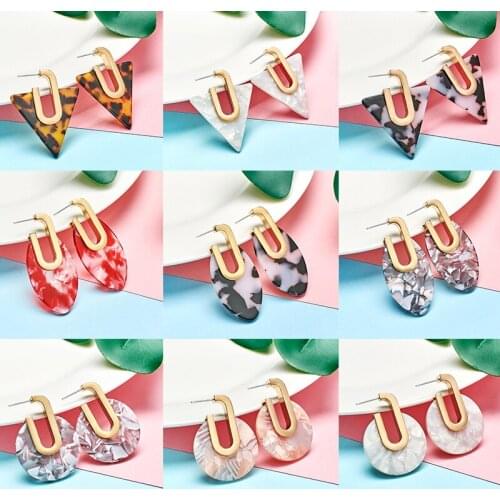 QCOOLJLY Simple Geometric U Shape Round Triangle Metal Acetate Earrings Boho Acrylic Colorful Acetic Acid Women Jewelry Brincos