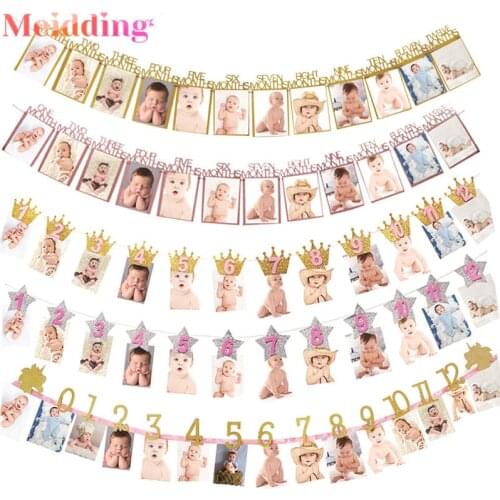 Happy Birthday 12 Months Photo Frame Banner Bunting First Birthday Party Decoration Kids Baby Boy Girl 1st One Year Party Decor