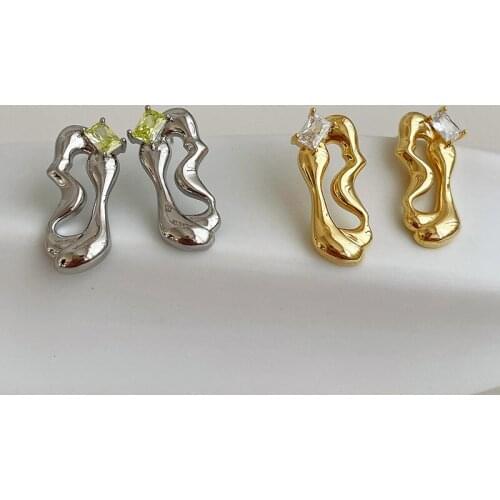 AOMU Korean Fall Personality Simple Geometric Irregular Hollow Transparent Green Rhinestone Metal Drop Earrings for Women Gifts