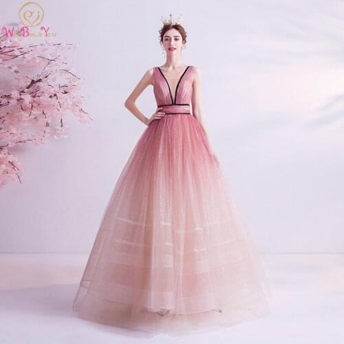 Pink Evening Dresses 2020 Long Elegant Bling Sparkle Ball Gown Sleeveless V Neck Black Edge Prom Gown Formal Women Wear Night