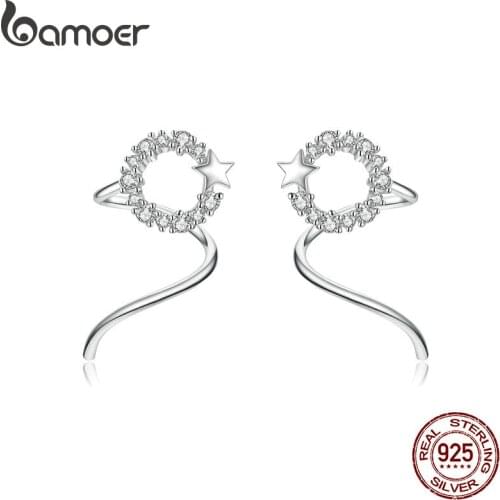 Bamoer Twine Hoop Earrings for Women Solid Silver 925 Star Round Tiny Ear Hoops Fashion Jewelry Korean Jewelry SCE637