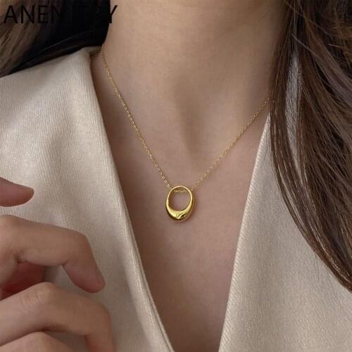 ANENJERY 925 Sterling Silver Hollow Oval Necklace for Women Geometric Circle Clavicle Chain Jewelry Gifts S-N740