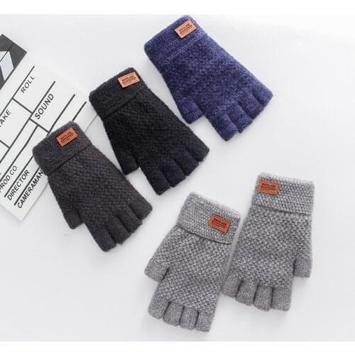 Winter Fingerless Gloves For Men Half Finger Writting Office Knitted Alpaca Wool Warm Leather Label Thick Elastic Driving Gloves