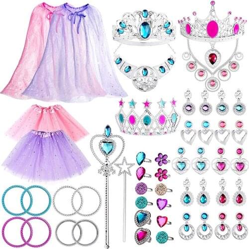 56Pcs Princess Jewelry Toy Pretend Play Capes Cloaks Ballet Tutu Skirts for Little Girls Crowns Necklaces Jewel Rings Dress Up
