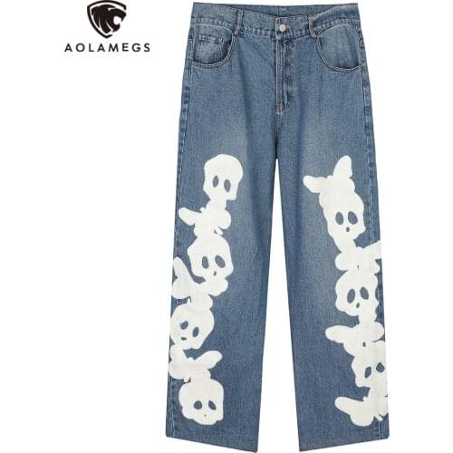 Aolamegs Jeans Men Furry Skeleton Patch Denim Pant Casual High Street Retro Hipster Trouser Oversized Harajuku Couple Streetwear