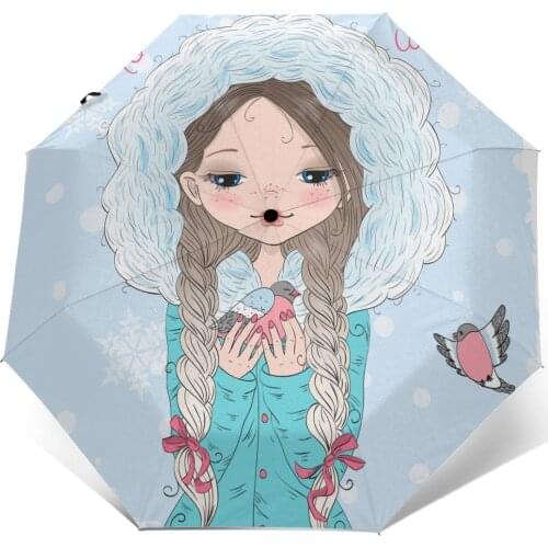 Automatic Umbrella Cute Winter Girl With Bird three-fold umbrella women men rain umbrella