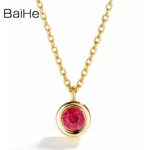 BAIHE Solid 18K Yellow Gold 0.14ct Round Natural Ruby Engagement Fine Jewelry Casual simple Ruby Round Pandant Necklaces