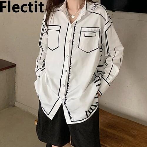 Flectit Long Sleeve Blouse Cute Hand Drawn Print Turn-down Collar Button Up Tops Summer Women Aesthetic Outfit