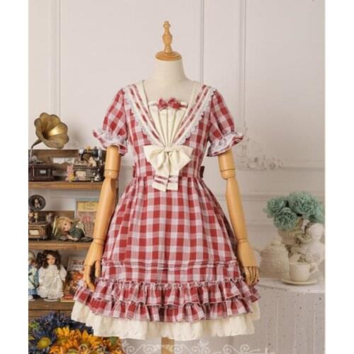 Lolita Dress Short Sleeve Plaid Sailor Bow and Ruffles Lolita One Piece Dress