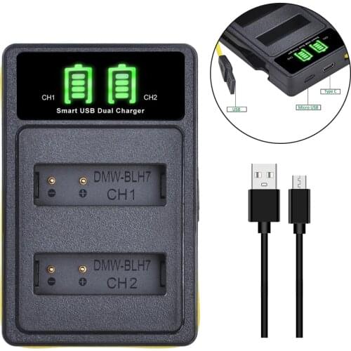 LED Dual Charger with Type C for Panasonic DMW-BLH7 BLH7E BLH7PP Battery Lumix DC-GX850 DMC-LX10 LX15 GM1 GM1K GM1KA GM1KS GM5