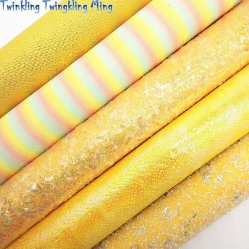 Yellow Tissel Chunky Glitter Leather, Stripes printed Synthetic Leather, Faux Fabric For Bow A4 21x29CM Twinkling Ming KM021