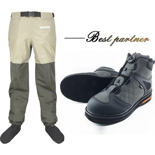 JEERKOOL Fly Fishing Self Lock Wading Shoes & Pants Aqua Sneakers Clothing Set Breathable Rock Sports Waders Felt Sole Boots