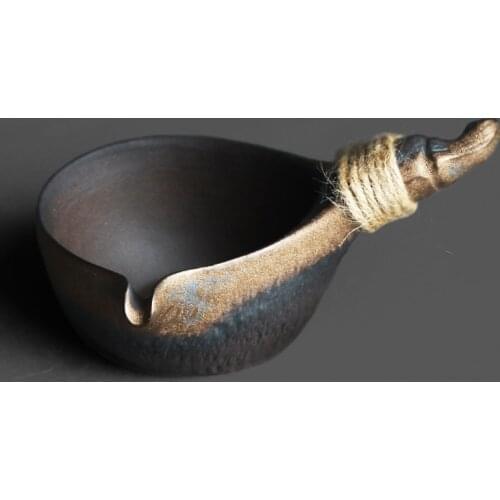 Chinese rock pottery gilt spoon ear shape side handle justice cup retro stoneware Kung Fu tea ceremony tea sea divider