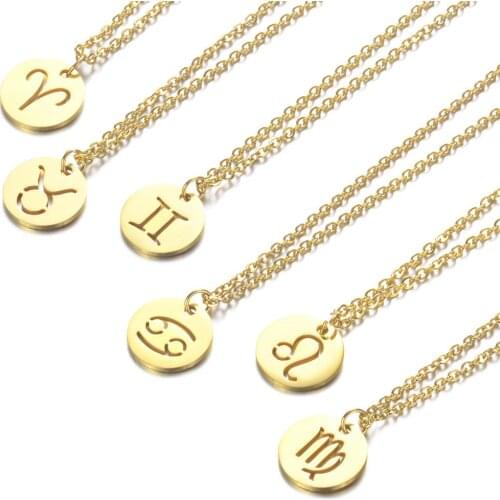 JUJIE Round Hollow Stainless Steel 12 Constellation Necklaces For Women 2021 Charms Zodiac Sign Chain Pendant Necklace Jewelry