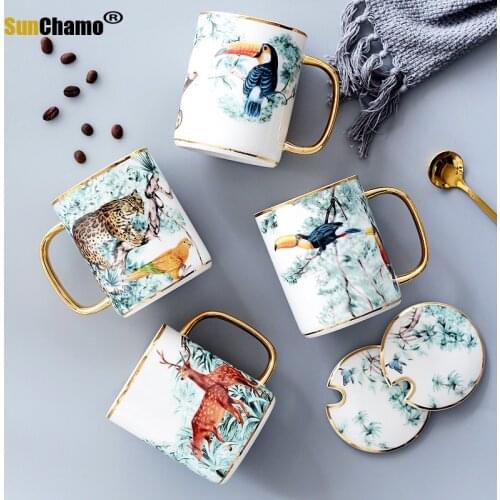 Creative Gold Animal England Style Ceramic Mug Nordic Afternoon Tea Cups Coffee Cup Sets with Lid Spoon Cafe Household Tea Mug