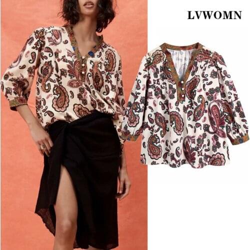 LVWOMN Za Women Blouses 2021 Summer Print Loose Long Sleeve Plus Size Women Clothing Vintage Female Shirts Blusas Chic Tops