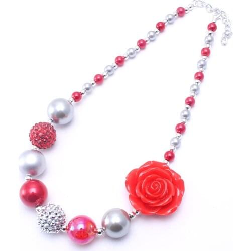 MHS.SUN 1PCS Big Flower Beads Kid Chunky Necklace Silve+Red Color Toddlers Girls Bubblegum Bead Chunky Necklace Children Jewelry