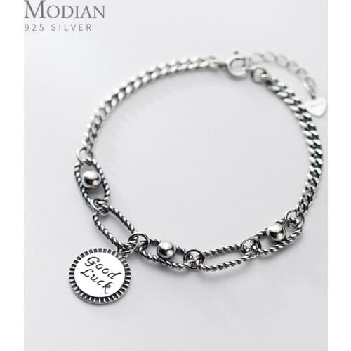 Modian New Vintage Carved Letters “Good Luck”Disc Bracelet for Women 925 Sterling Silver Hiphop Bracelet Fine Jewelry Party Gift