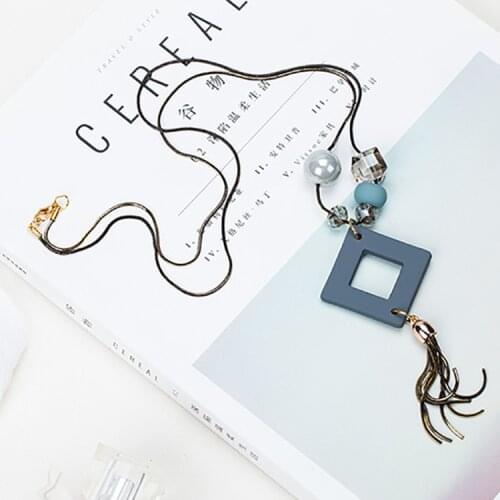 Fashion Geometric Square Pendant Women Necklace Long Tassel Beaded Crystal Sweater Chain Necklaces For Friends Jewelry Gift