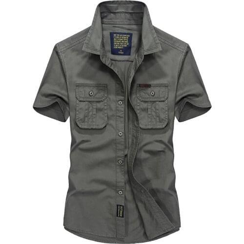100% Cotton Short Sleeve Shirt Men Summer Fashion Casual Solid Turn-Down Camisa Masculina Army Military Shirts Mens Clothing