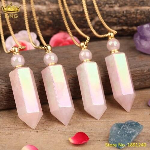 Natural Pink Quartz Hexgaonal Perfume Oil Bottle Pendant Necklace Delicate Women Shiny Crystal Stone Point Gold Diffuser Vial