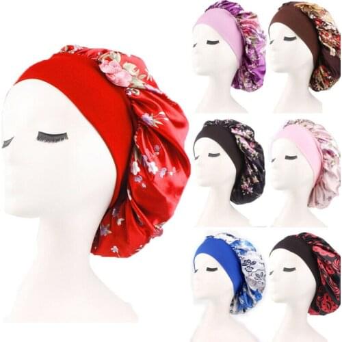 New Fshion Women Satin Night Sleep Cap Hair Bonnet Hat Silk Head Cover Wide Elastic Band Shower Caps Home Bathroom Accessories