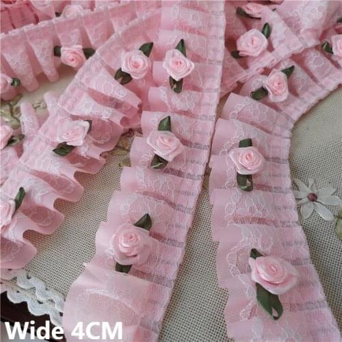4CM Wide New Pink Pleated Chiffon Fabric Embroidery Fringe Ribbon Lace Collar Ruffle Trim DIY Wedding Dress Guipure Sewing Decor
