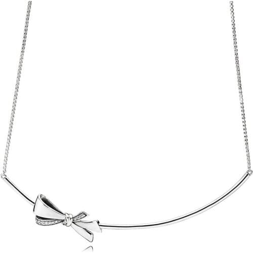 925 Sterling Silver fashion Necklace Brilliant Bow With Sliding Clasp Necklace For Women Wedding Gift Europe Jewelry
