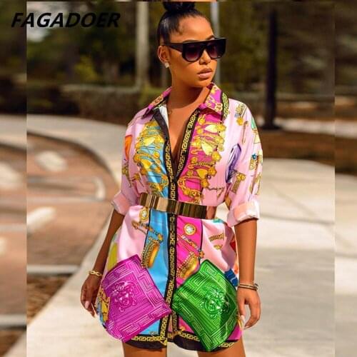Fagadoer Geometric Retro Print Shirt Dress Office Lady Formal Elegant Dress Long Sleeve Fashion Sexy Short Vestidos 2021 Autumn