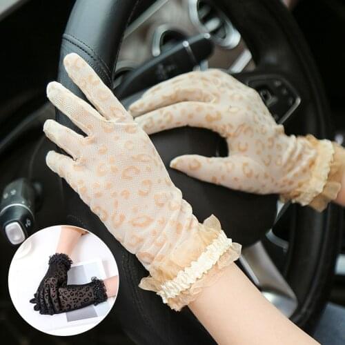 Sexy Leopard Lace Gloves Women Transparent Driving Gloves Ladies Summer Full Finger Sunscreen Gants Weddingg Party