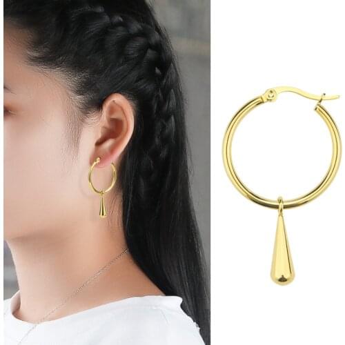 Todorova Trendy Minimalist Water Drop Pendant Hoop Earrings Stainless Steel Ear Jewelry For Women Men Gifts
