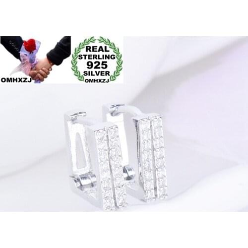 OMHXZJ Wholesale EA650 European Fashion Woman Girl Party Birthday Wedding Gift Square Zircon 925 Sterling Silver Hoop Earrings
