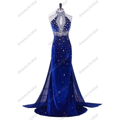 Modest Royal Blue High Neck Velvet Prom Dresses Rhinestones Sheath Chiffon Train Evening Formal Gowns For Women Party Plus size