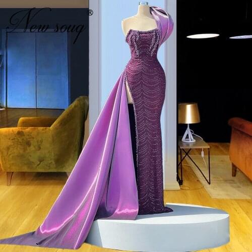 2021 Custom Made Purple Evening Dresses Dubai Arabic Beading Pearls Evening Wear African Party Gowns Prom Dress Robe De Soiree