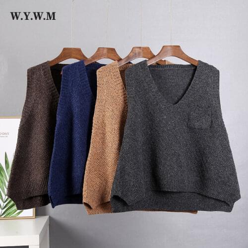 Spring Casual Loose Sweater Vest Female V-neck Sleeveless Vintage Sweater Women Pocket Decorative Knitted Pullover Sweater Vest