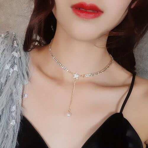 Womens Full crystal star shape pearls chokers necklaces pendants for banquet party all-match Trendy noble lovely necklaces